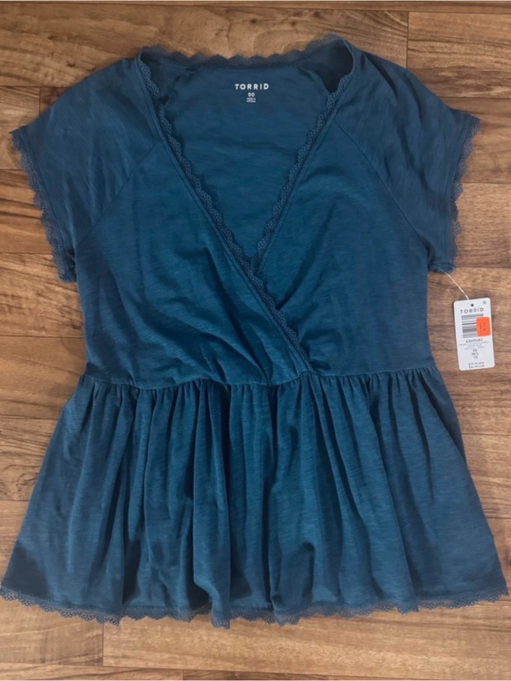 torrid Teal Lace-Trim Peplum Wrap Short Sleeve Top